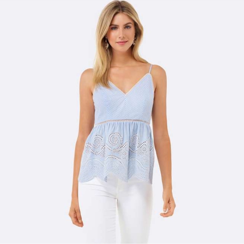 Forever New Blue and White Striped Spaghetti Strap, Peplum Top